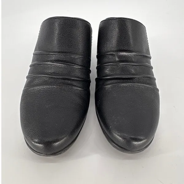 Clarks‎ Collection Mules Womens 6 Black Leather Ruched Slip On Block Heel Shoes - Image 4