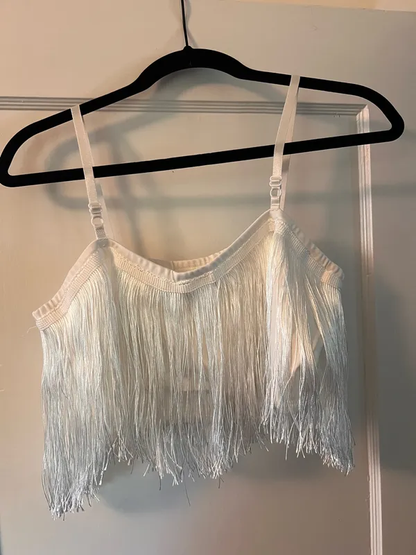 White Fringe Two-Piece Matching Set | Layered Tassel Crop Top & Mini Skirt - Image 2