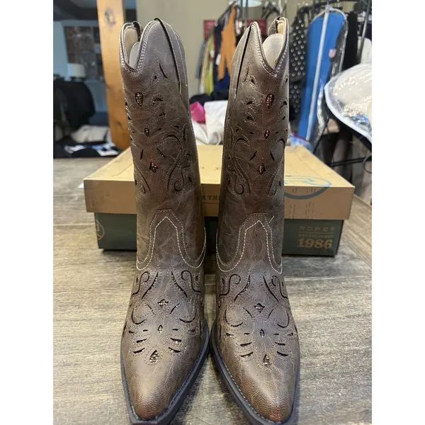 Roper Women's Chloe Snip Toe Glitter Underlay Western Boots Size 8 Brown - Image 4