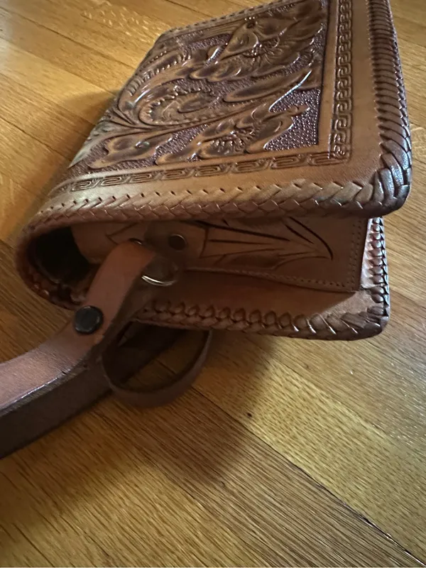 Vtg Hand Tooled Leather Mexico Stamped Crossbody Bag - Image 7