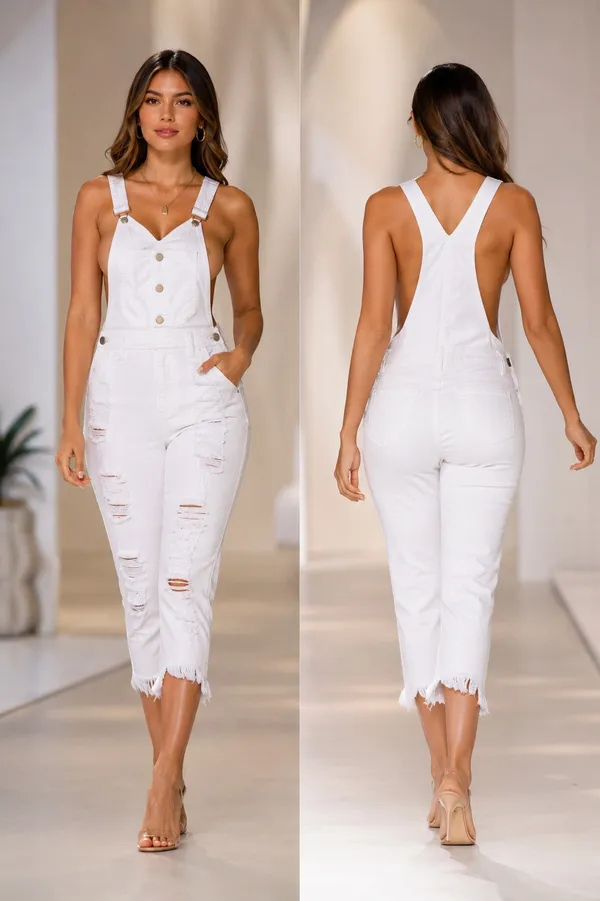 American Bazi White Distressed Denim Overalls - Size S (Fringe Hem) - Image 2