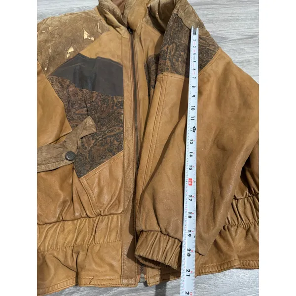 Vintage 80s Otello Pelle Leather Bomber Jacket L Patchwork Paisley Metallic Gold - Image 12