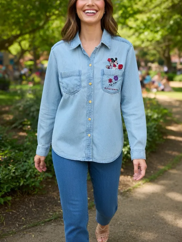 Vintage 90s Disney Mickey & Minnie Embroidered Denim Shirt Light Wash Button Up - Image 2