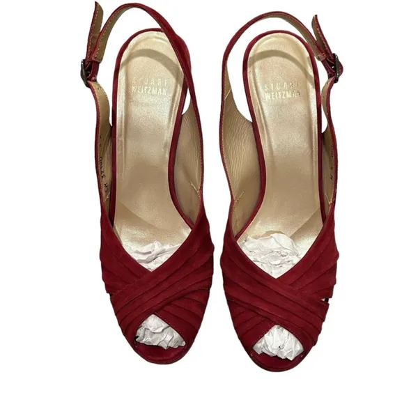 Burgundy Red Pleated Suede Peep Toe Platform Slingback Pumps 8M - Image 6
