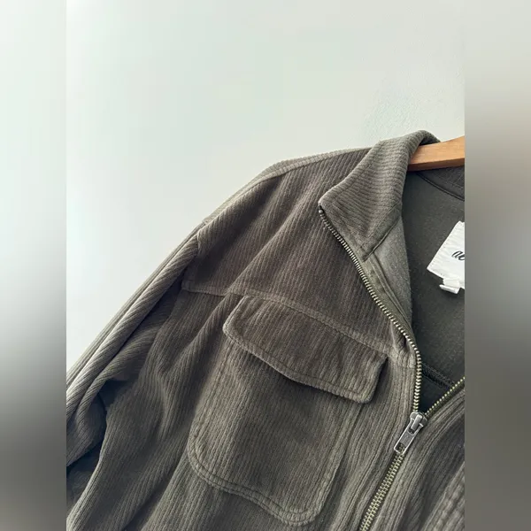Aerie Olive Green‎ Corduroy Cropped Bomber Zip Up Jacket - Image 4