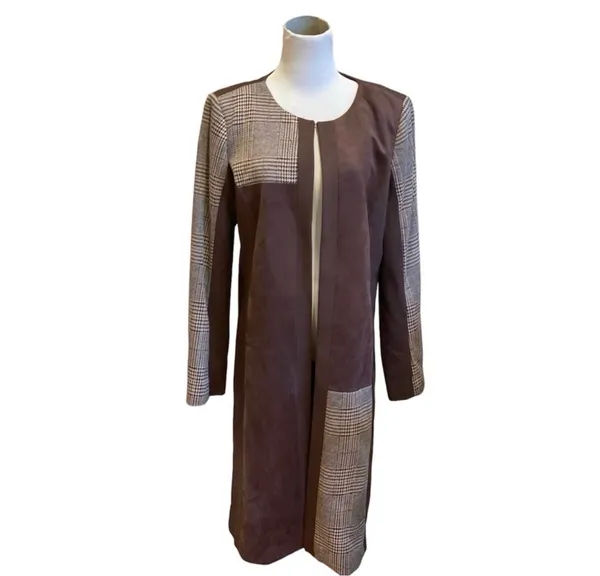 Calvin Klein Plaid Suede Jacket Topper Trench Coat Lined Preppy Brown Tan - Image 3