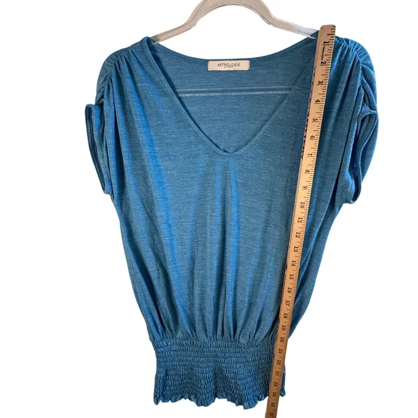 Astrologie California Smocked Waist Top V-Neck‎ Dolman Sleeve Blue Teal Blouse S - Image 7