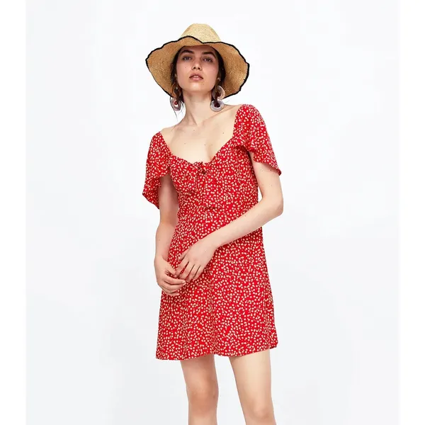 Zara Red Floral Sweetheart Neck Flutter Sleeve Bow Smocked Back Mini Dress Sz S - Image 3