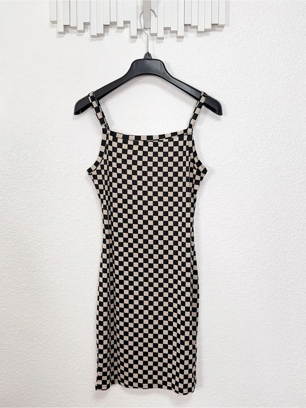 Miss Sparkling Black Cream Checkerboard Cami Mini Dress Y2K - Image 6