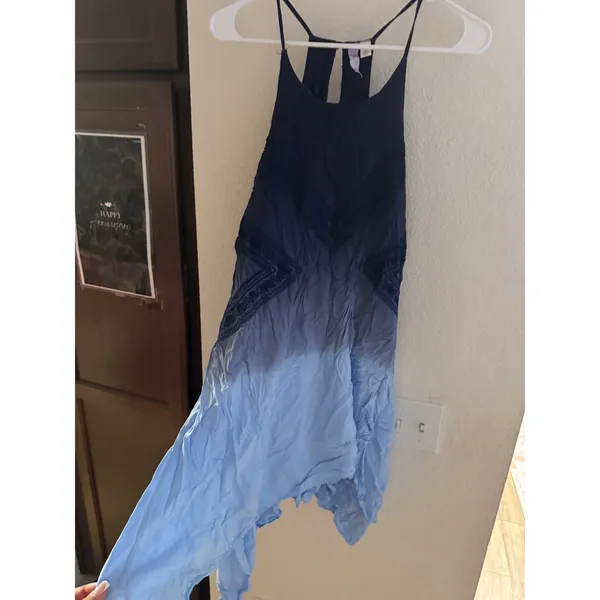 Alya Blue Ombre‎ Handkerchief Hem Dress Small Boho Embroidered Halter Racerback - Image 3