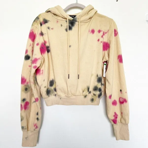 NEW AFRM Cropped Hoodie Sweatshirt SMALL Beige Tan Pink Tie Dye Drawstring NWT - Image 7