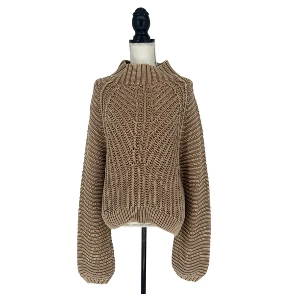 Free People‎ Sweetheart Chunky Knit Mockneck Sweater Sandcastle L - Image 2