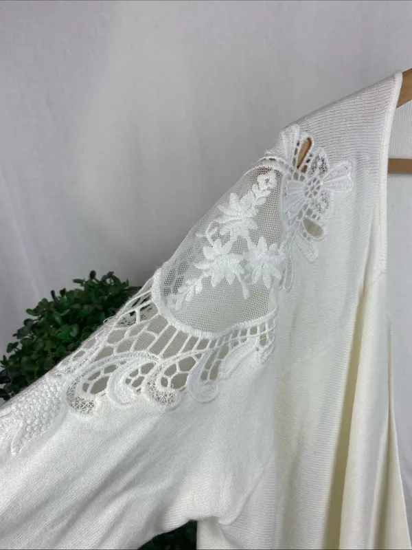 Limited Ivory Long Sleeve Crochet Accent Open Drape Front Cardigan Sweater M - Image 4