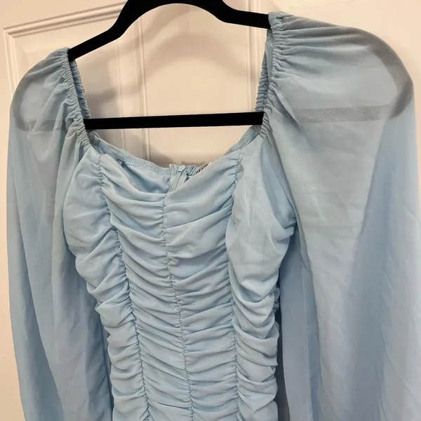 Hello Molly ruched front dress‎ puff sheer sleeves light blue size 4 - Image 3