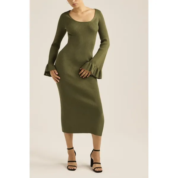 Scoop Womens Sweater Dress Sz XL Grape Leaf Ribbed Midi Bell Sleeve Square Neck - Image 2