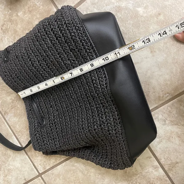 Lauren Ralph Lauren Black Woven Straw Bucket Bag Faux Leather Trim Drawstring - Image 7