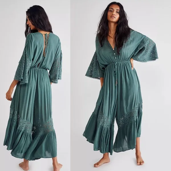 Free People Angela Jumpsuit Dried Pine Crochet Jumper Large Flowy Bohemian - Image 2