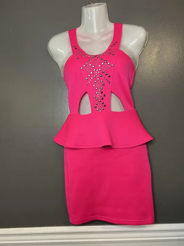 Charlotte Russe Dress Womens XS Pink Cutout Peplum Studded Bodycon Mini Tank - Image 2