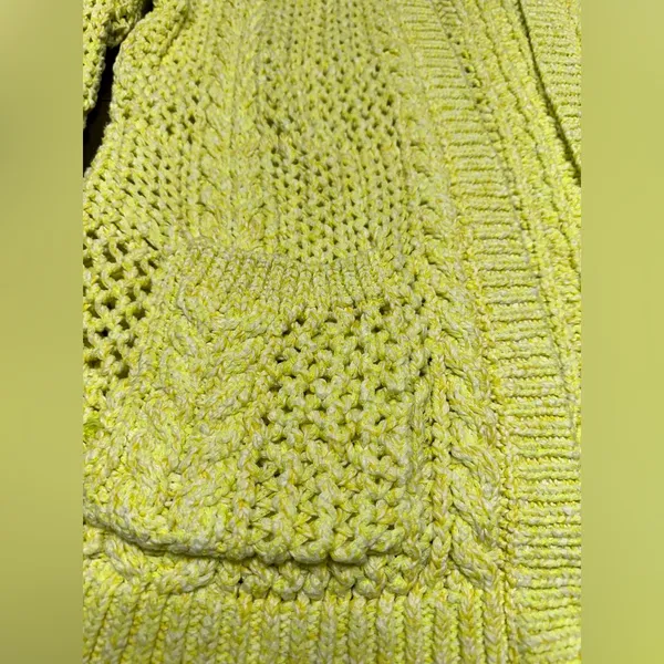 A by ANTHROPOLOGIE Cable Knit Yellow- White CARDIGAN, 73% Cotton, Size M/L - Image 2