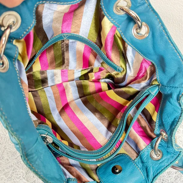 Tignanello Teal Blue Leather Tote Bag Satchel Striped Satin Lining Boho Slouchy - Image 5