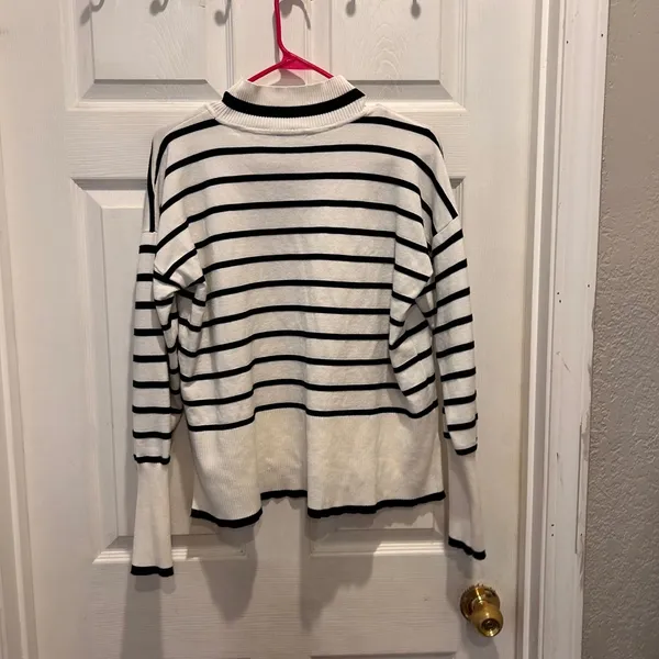 Rachel Zoe Womens Large White Black Striped Mock Neck Ribbed Cuff Sweater French - Image 6