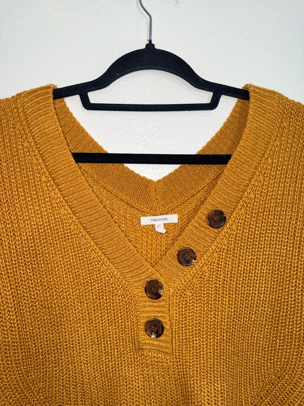 Maurices Highland Henley Sweater Solid Mustard Yellow V-neck Knit - Image 2