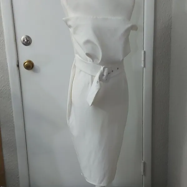SheIn Boohoo Bandeau Woven Belted Midi Ivory Sheath Dress 6 Party Coquette Girl NEW - Image 2