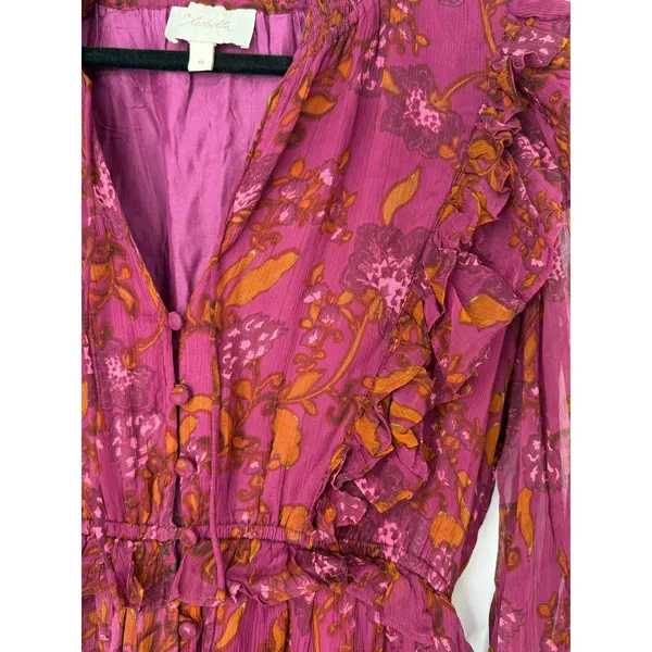 Cleobella Everly Floral Ruffle Mini Dress Medium Magenta Boho Long Sleeves - Image 5