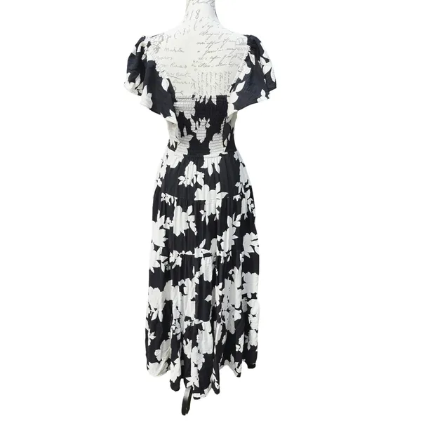 Rachel Zoe Black White Floral Smocked Waist Tiered Maxi Dress Short Sleeve Small - Image 4