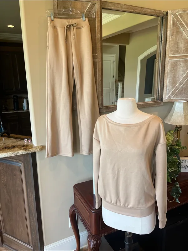 Tan Comfy Track Suit Women's Lounge Pants Drawstring and Matching Sweatshirt New - Image 6