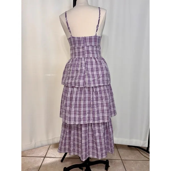 Lulus Purple Plaid Tiered Midi Dress Small Cottage Bustier Women Flair Sundress - Image 13
