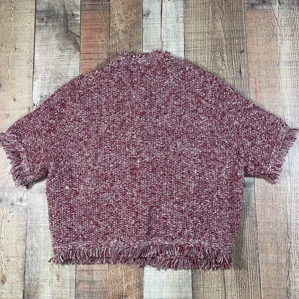 J.Crew Large Merlot Cropped Fringe Lady Jacket Gold Snap Marled Knit Sweater - Image 5