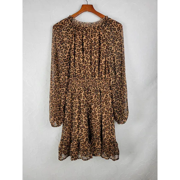 Old Navy Womens Dress Size S Tall Brown Chiffon Leopard Print V-neck Smocked NEW - Image 4