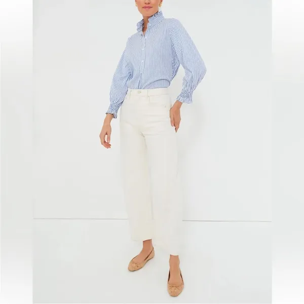 Tuckernuck Blue and White Stripe Teagan Popover Ruffle Top New Size Small - Image 14