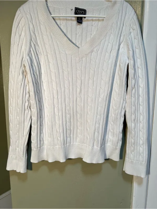 Chaps Women's Size XL V-Neck Sweater Cream White Cableknit 100% Cotton - Image 5