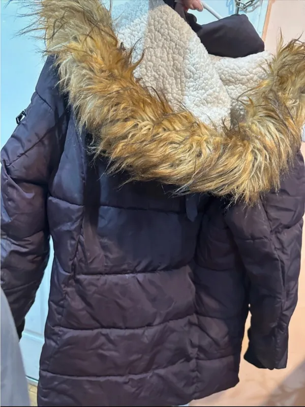 Long Quilted Puffer Coat with Faux Fur Hood - Dark Brown - Image 6
