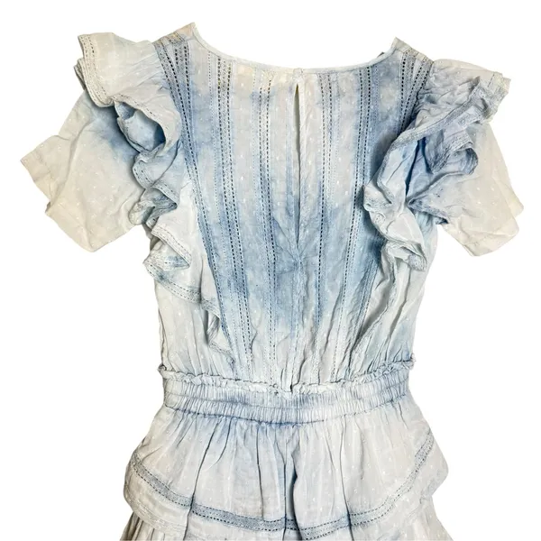 LoveShackFancy Natasha Light Blue Tie Dye Cotton Ruffled Tiered Lace Mini Dress - Image 8
