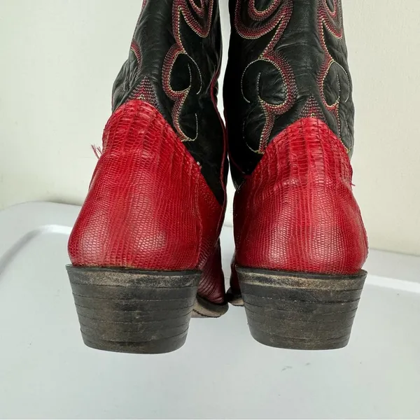 Vtg Nocona Red Black Lizard Leather Westerm Cowgirl Boots Sz 7B - Image 14