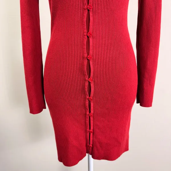 Abercrombie & Fitch Red Ribbed Knit Button Front V-Neck Stretchy Mini Dress Sml - Image 6