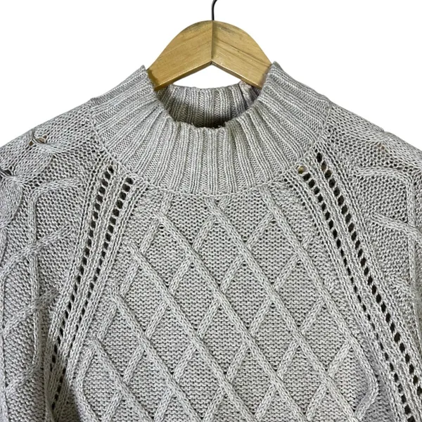American Eagle Diamond Cable Pointelle Sweater Gray Mock Neck Balloon Size S - Image 3
