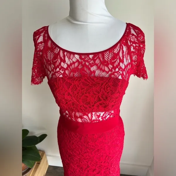 Nicole Miller Red Short Sleeve Combo Dress Midi Lace Illusion Size 0 - Image 6