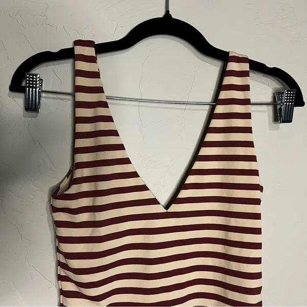 Babaton Aritzia Contour Striped Mauve Cream Double V-Neck‎ G String Bodysuit - Image 4