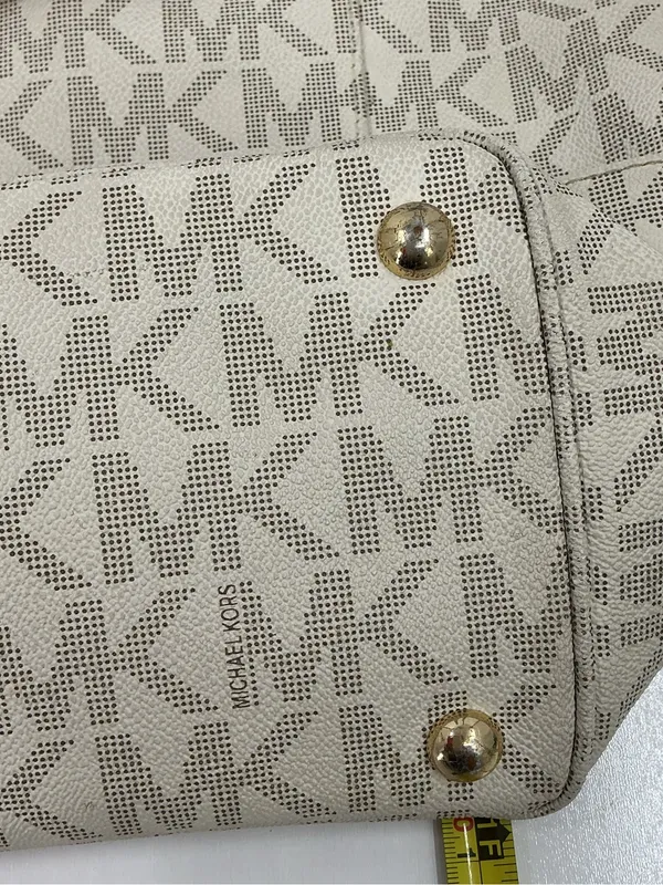 Michael Kors Beige Logo MK Tote with Tan Leather Straps D23 - Image 6
