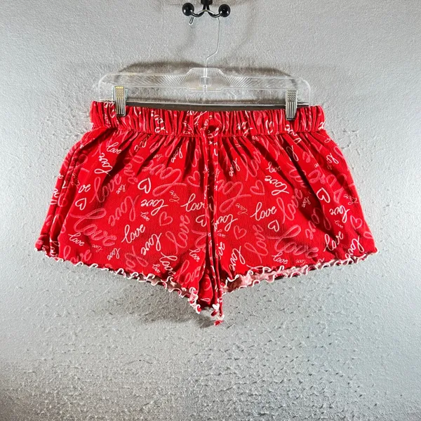 1250 | Heart Print Lettuce Trim Pajama Set Loungewear Red‎ Women XL 16-18 - Image 5