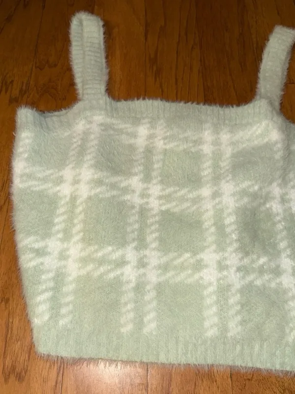 New PacSun Kendall & Kylie Light Mint Green + White Plaid Soft Cropped Top L - Image 3