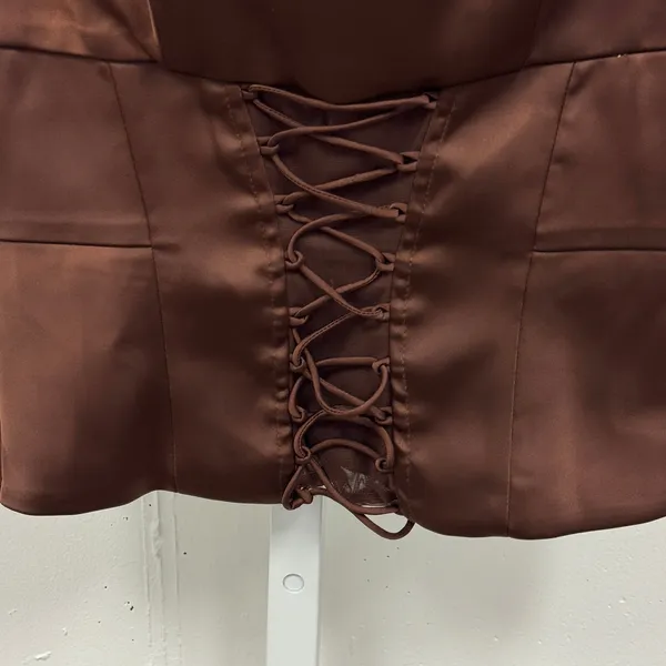 Oh Polly Chocolate Brown Satin‎ Lace Up Corset Top Square Neck US 4 Party Sexy - Image 4