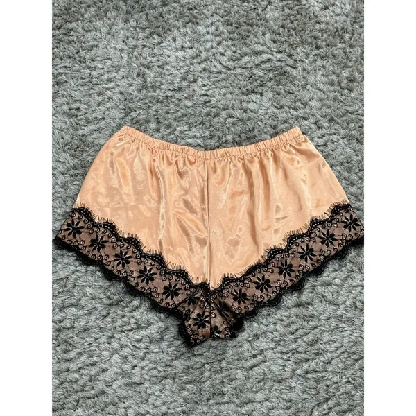 Women’s Satin Tap Shorts Black Lace Trim Lounge Sleep Pajama Pants Beige Size XL - Image 5