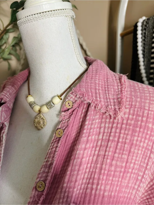 Zenana Pink Double Gauze Waffle Raw Hem Button Up Shirt - Image 7