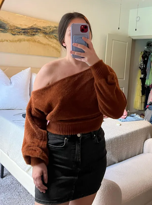 American Threads Brown Off Shoulder Sweater - Image 2