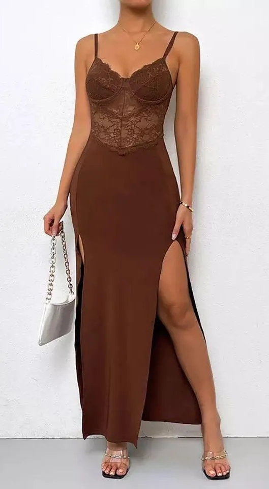 Sexy Brown Spagetti Lace Bustier Long Slit Maxi Bodycon Valentine Day Sexy Dress Mesh Lace Nwot Bodycon - Image 3